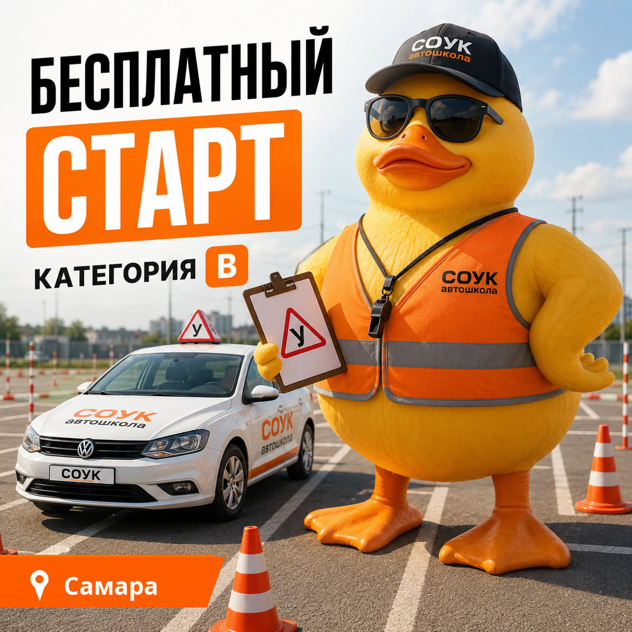 Учебный автомобиль и маскот автошколы СОУК на автодроме